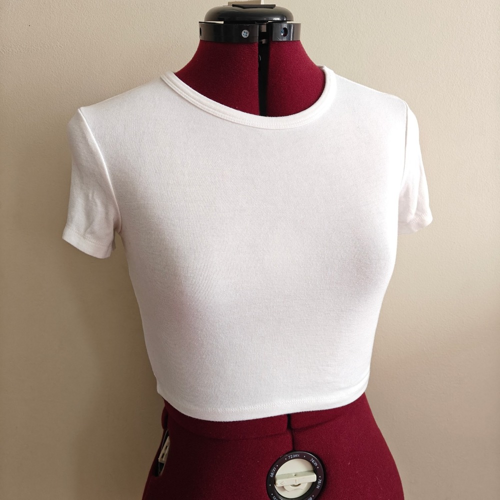 Zara Womens White Crop Top Tee Crew Neck Basic Short Sleeve Slim Fit Medium